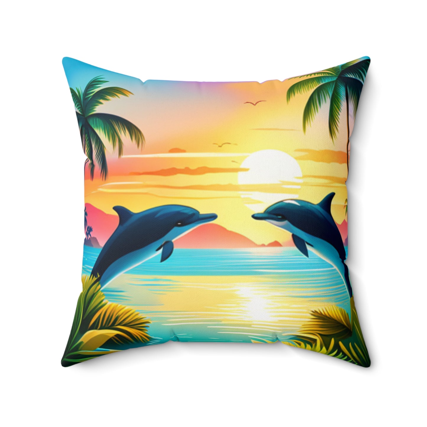 Spun Polyester Square Pillow (Dolphin Palm Tree)