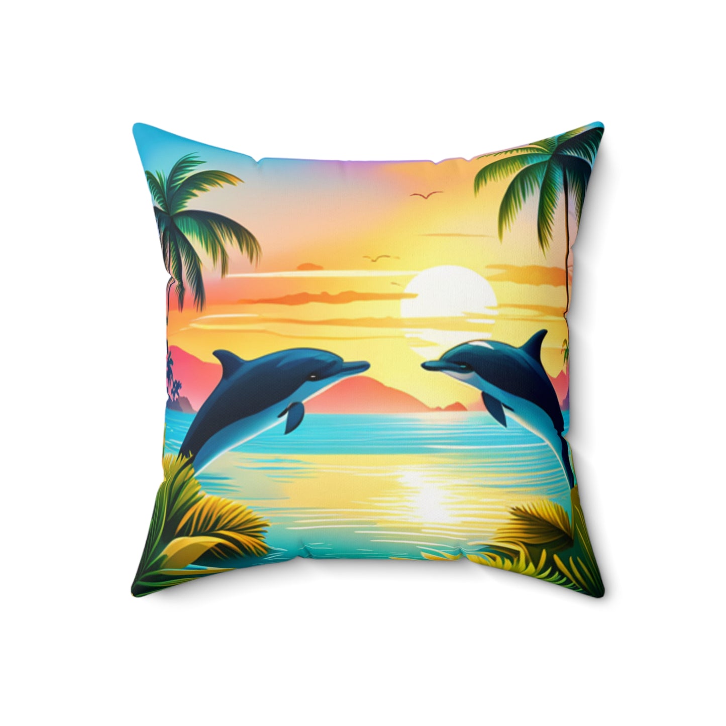 Spun Polyester Square Pillow (Dolphin Palm Tree)