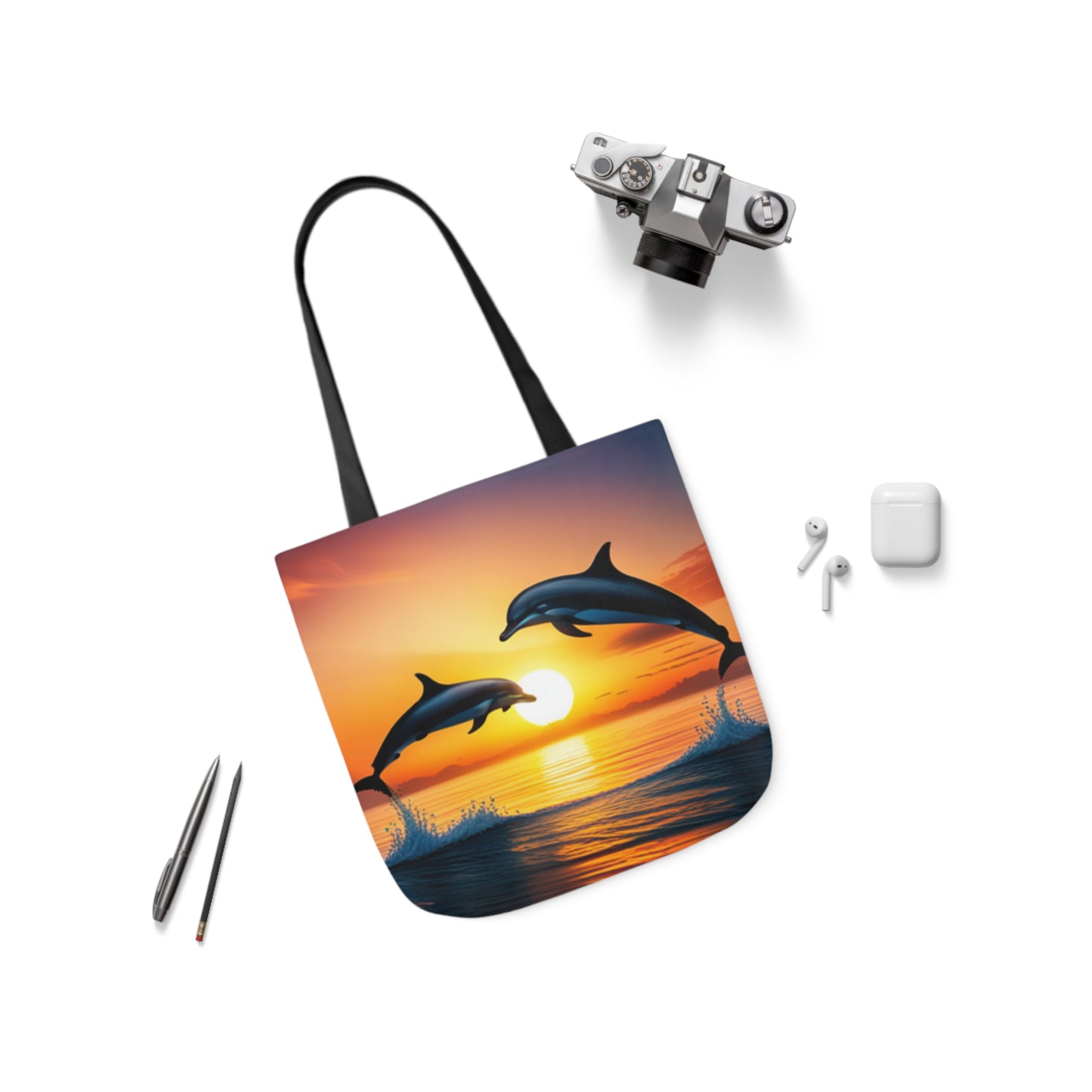 Canvas Tote Bag, 5-Color Straps (Dolphins sunset)