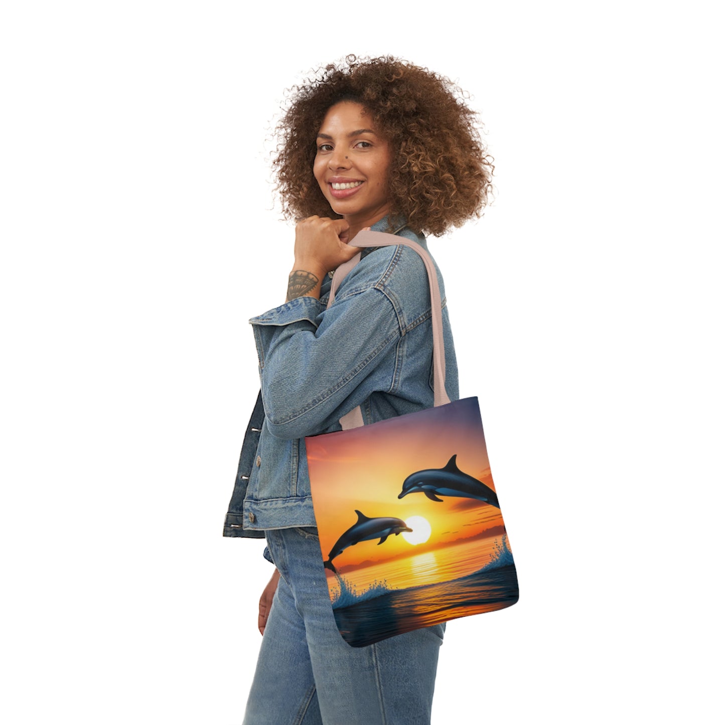Canvas Tote Bag, 5-Color Straps (Dolphins sunset)