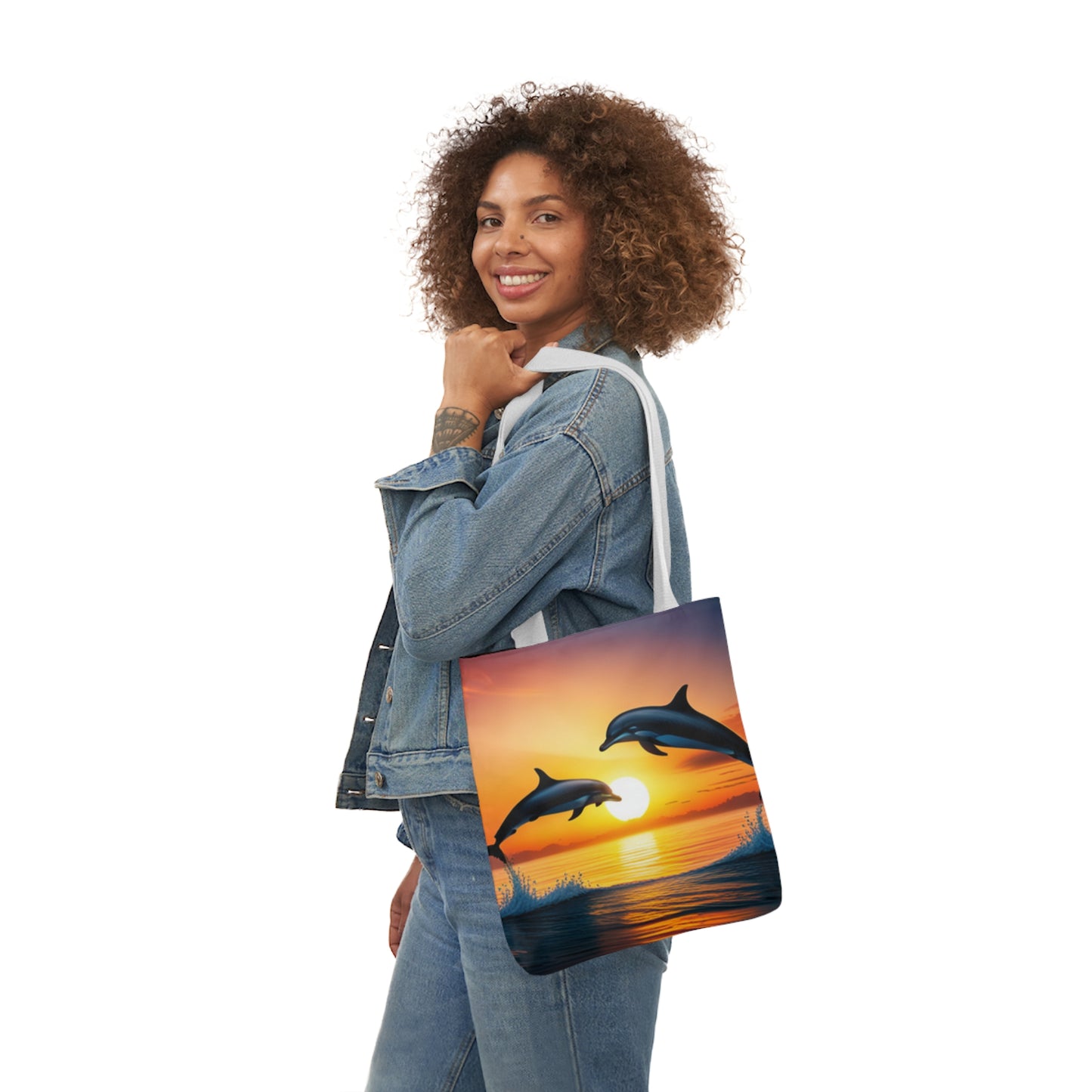 Canvas Tote Bag, 5-Color Straps (Dolphins sunset)