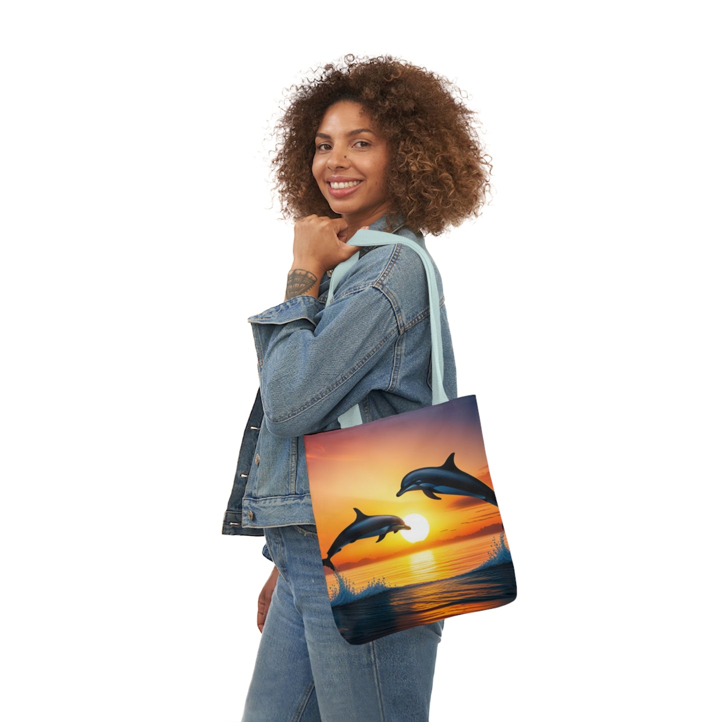 Canvas Tote Bag, 5-Color Straps (Dolphins sunset)