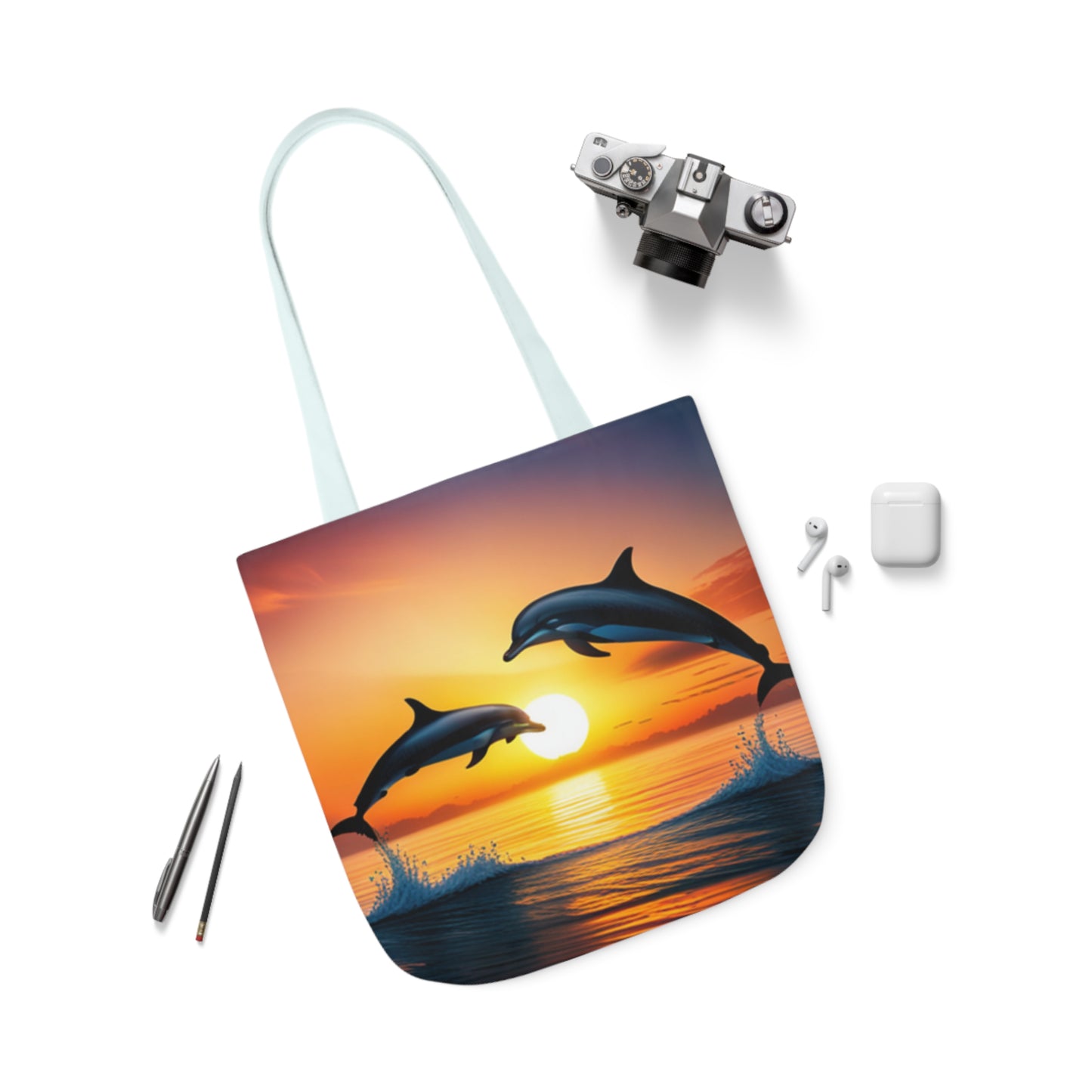 Canvas Tote Bag, 5-Color Straps (Dolphins sunset)