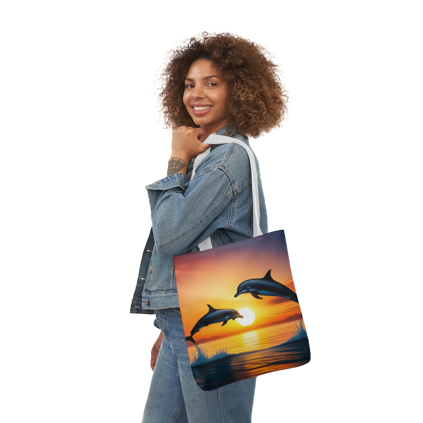 Canvas Tote Bag, 5-Color Straps (Dolphins sunset)