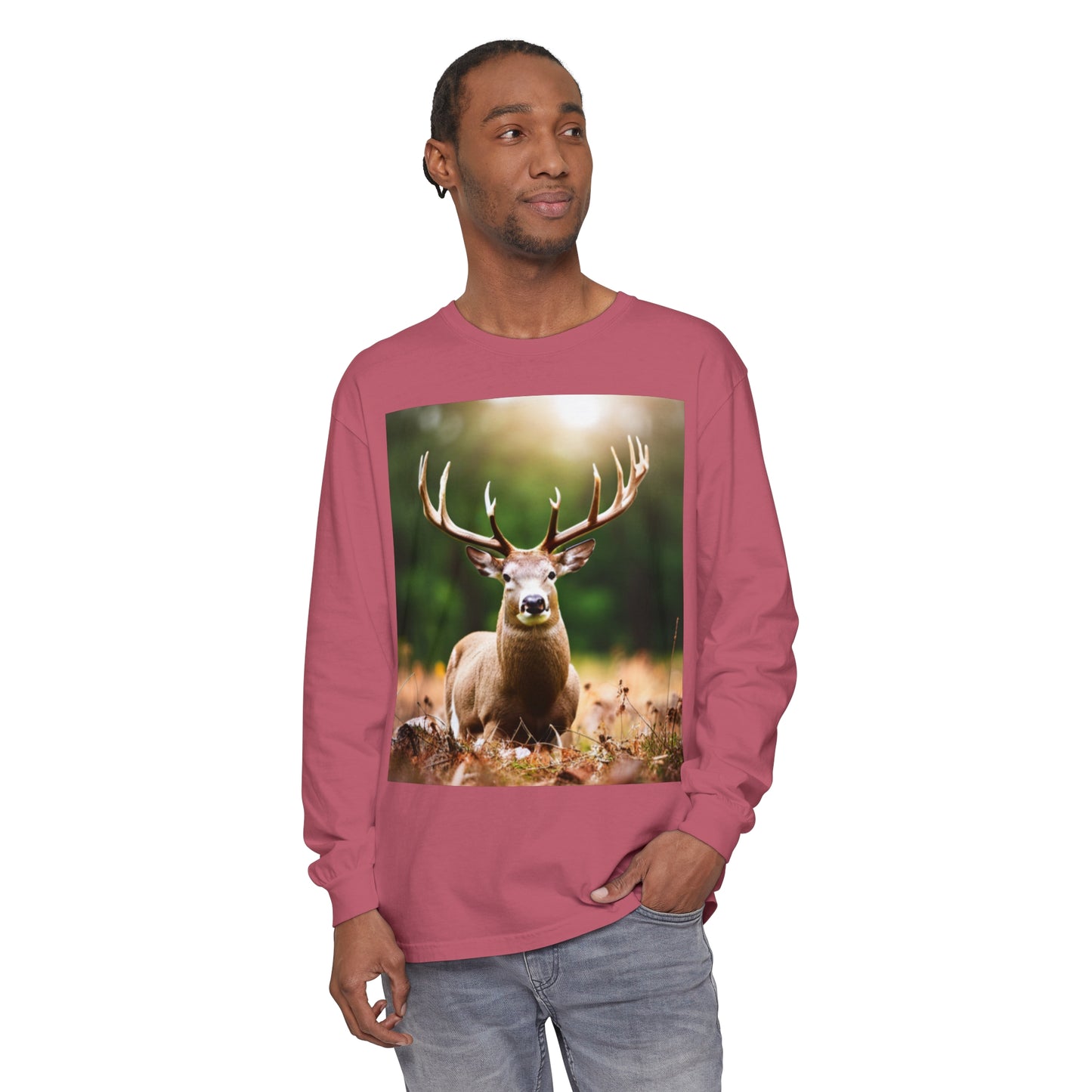 Unisex Garment-dyed Long Sleeve T-Shirt (Deer)