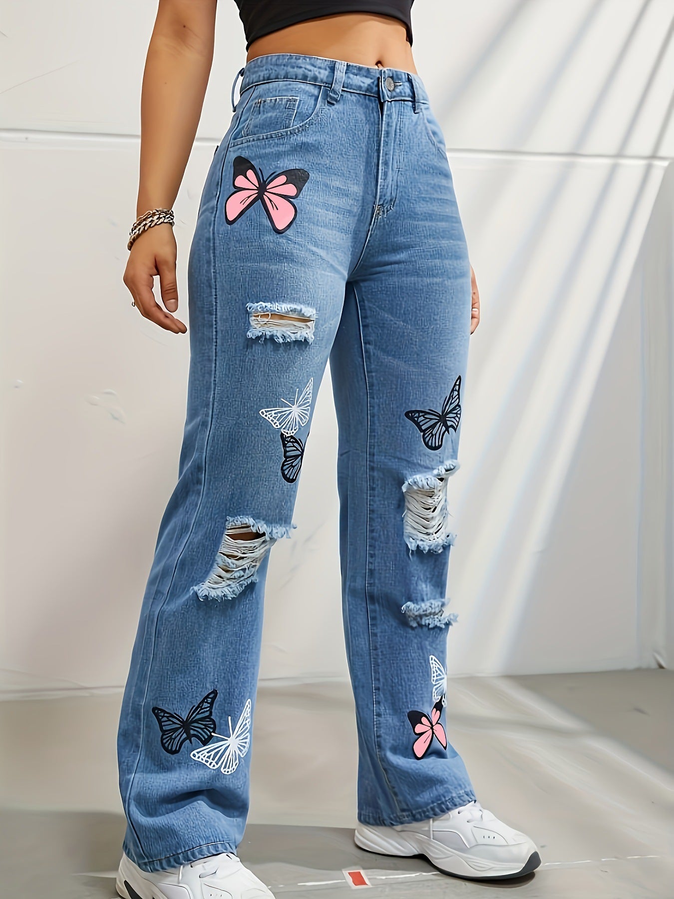 Butterfly Dream High-Waisted Distressed Jeans