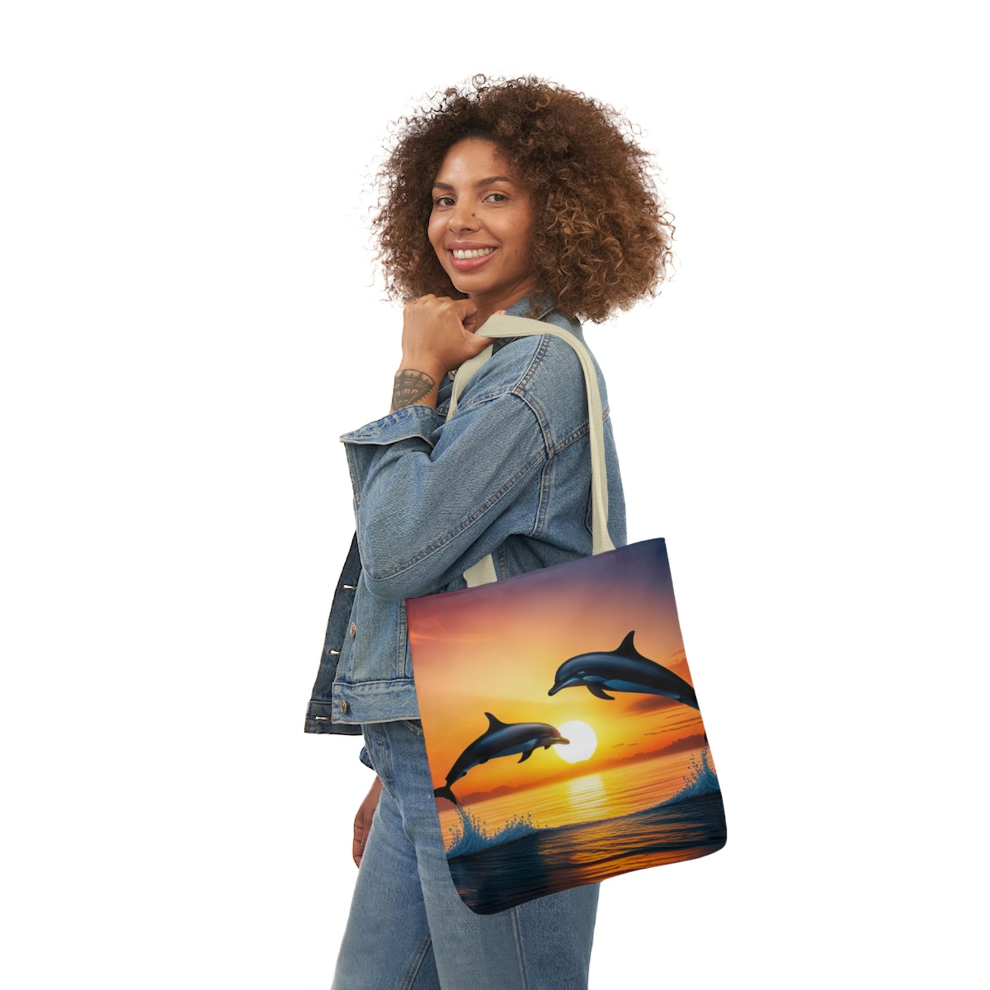 Canvas Tote Bag, 5-Color Straps (Dolphins sunset)