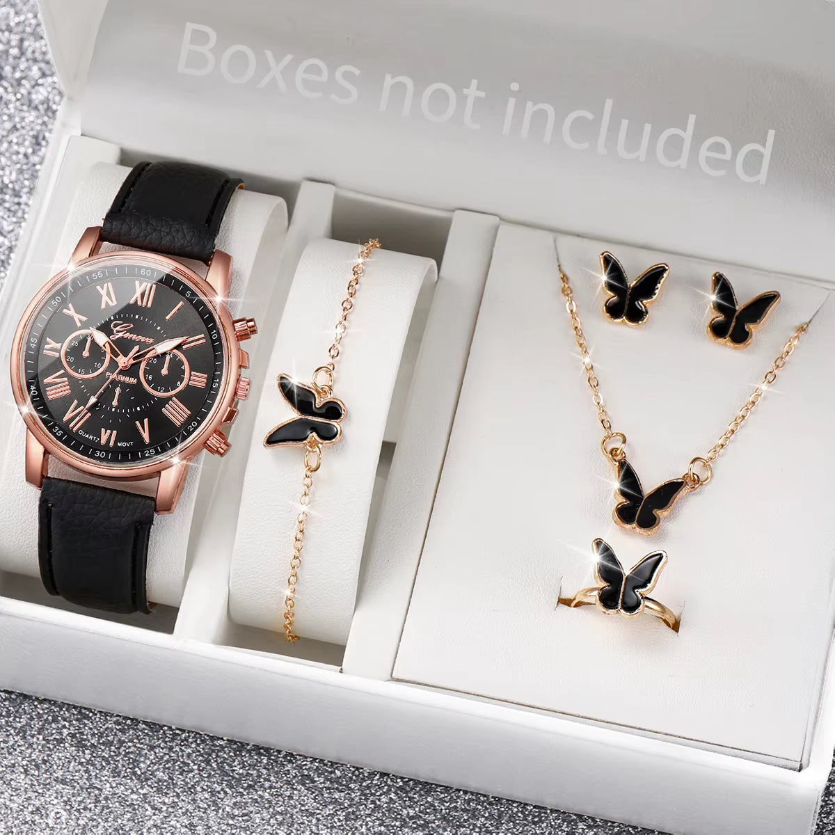 Chic Heart Rhinestone Watch & Jewelry Set – 5/6 Piece