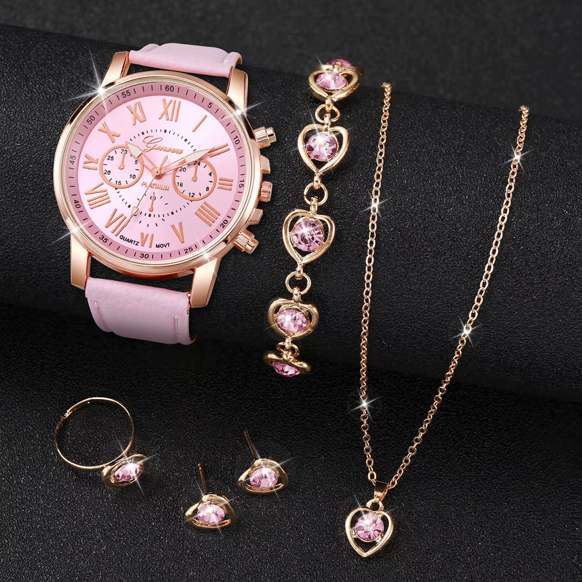 Chic Heart Rhinestone Watch & Jewelry Set – 5/6 Piece