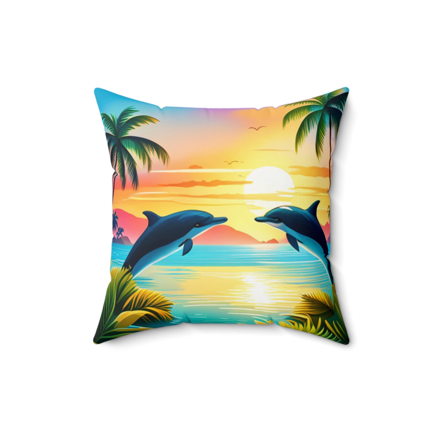 Spun Polyester Square Pillow (Dolphin Palm Tree)