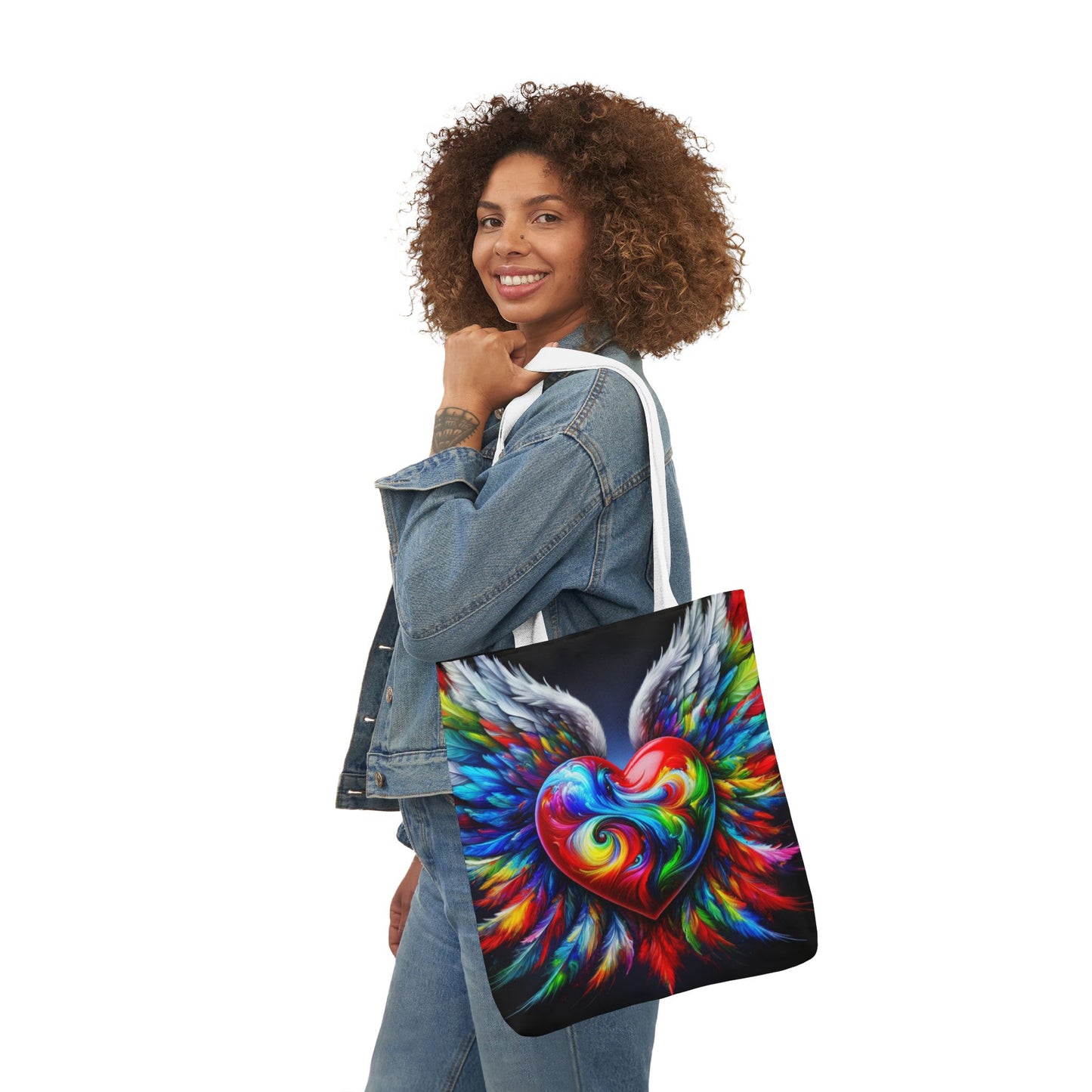 Colorful Heart Wings Canvas Tote Bag - Vibrant 5-Color Straps