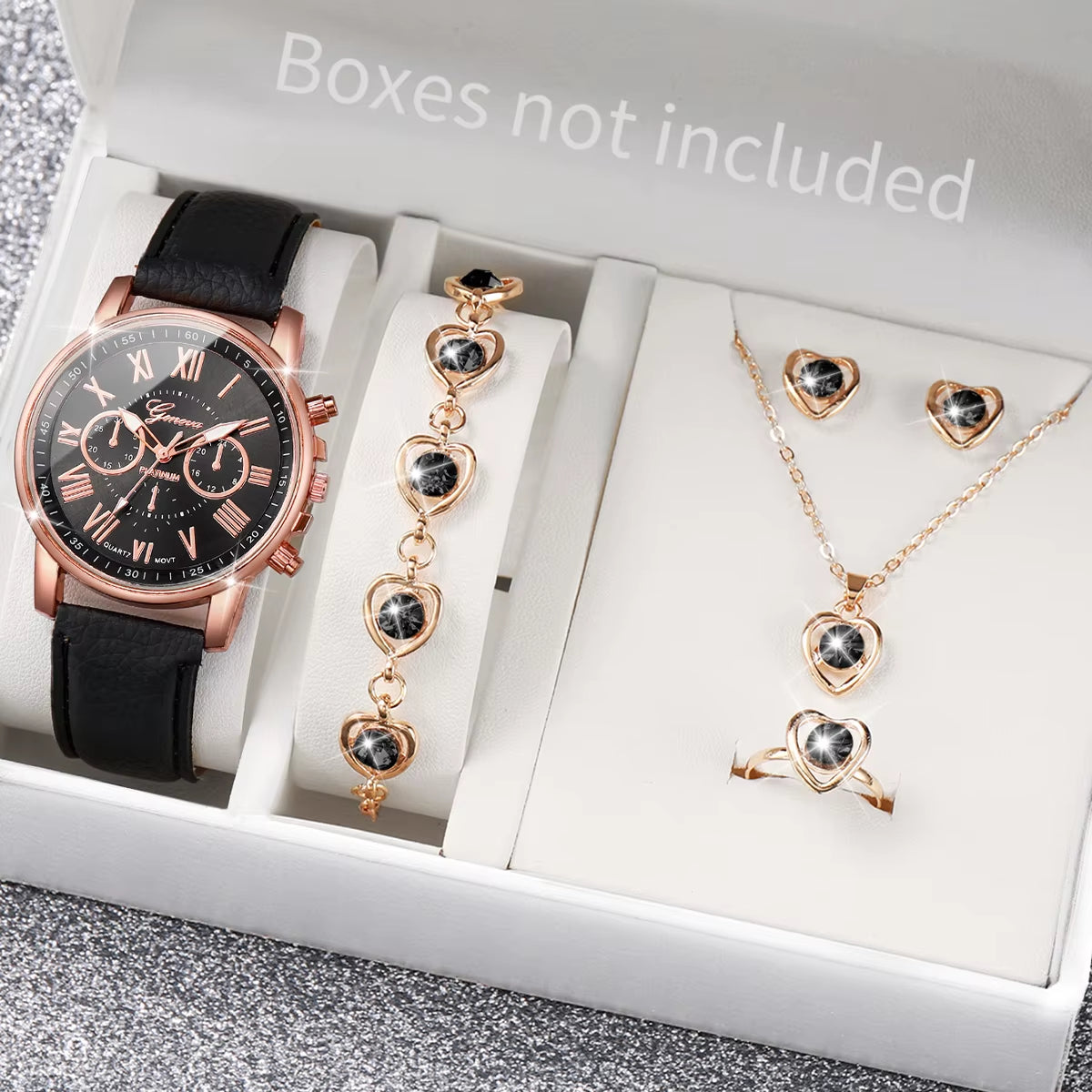 Chic Heart Rhinestone Watch & Jewelry Set – 5/6 Piece