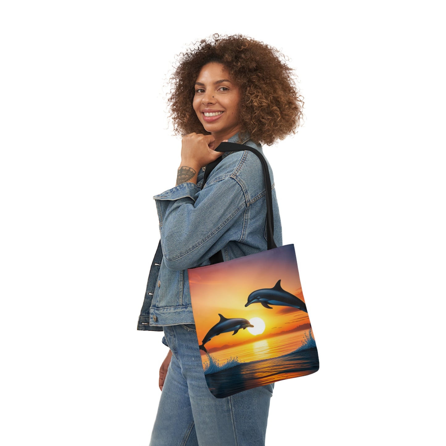 Canvas Tote Bag, 5-Color Straps (Dolphins sunset)