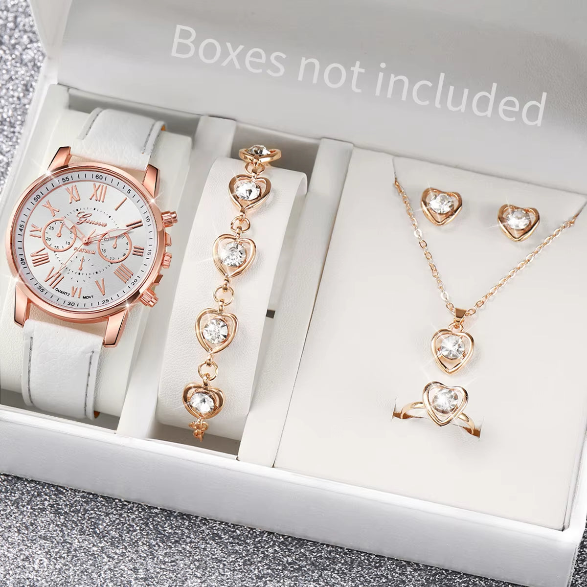 Chic Heart Rhinestone Watch & Jewelry Set – 5/6 Piece