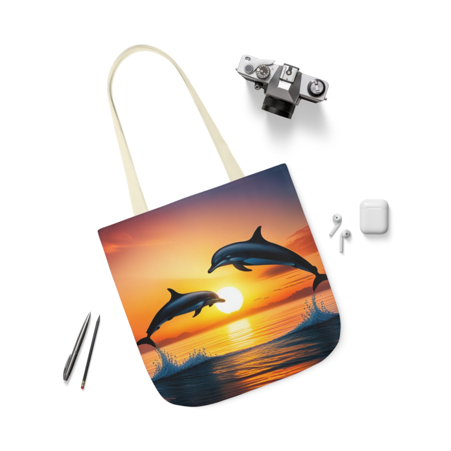 Canvas Tote Bag, 5-Color Straps (Dolphins sunset)