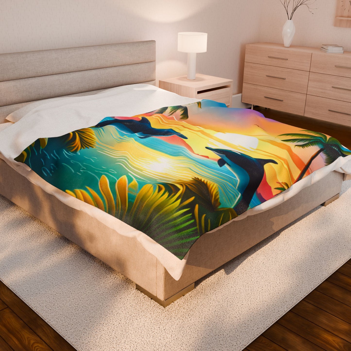 Velveteen Plush Blanket (Dolphin Palm Tree)