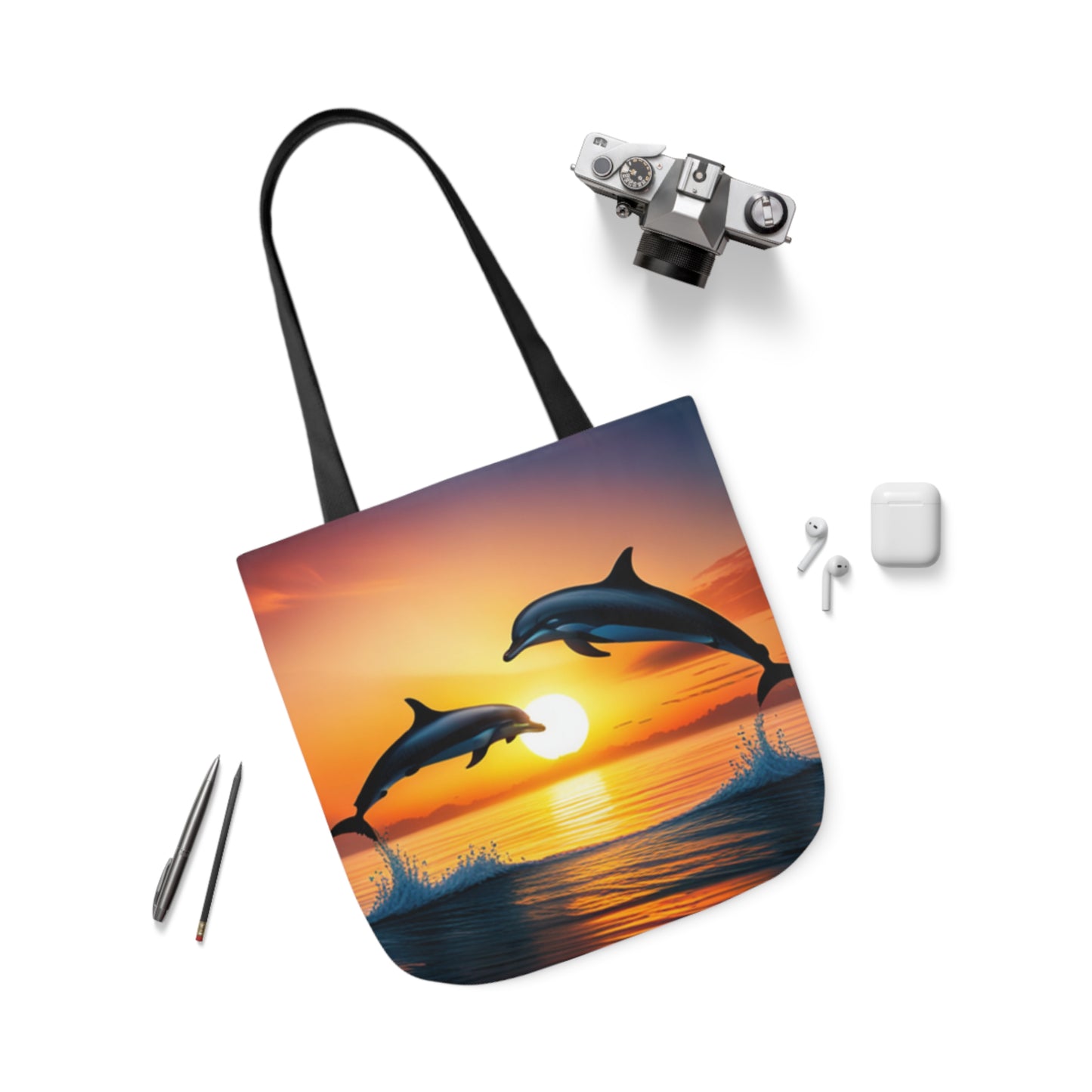 Canvas Tote Bag, 5-Color Straps (Dolphins sunset)