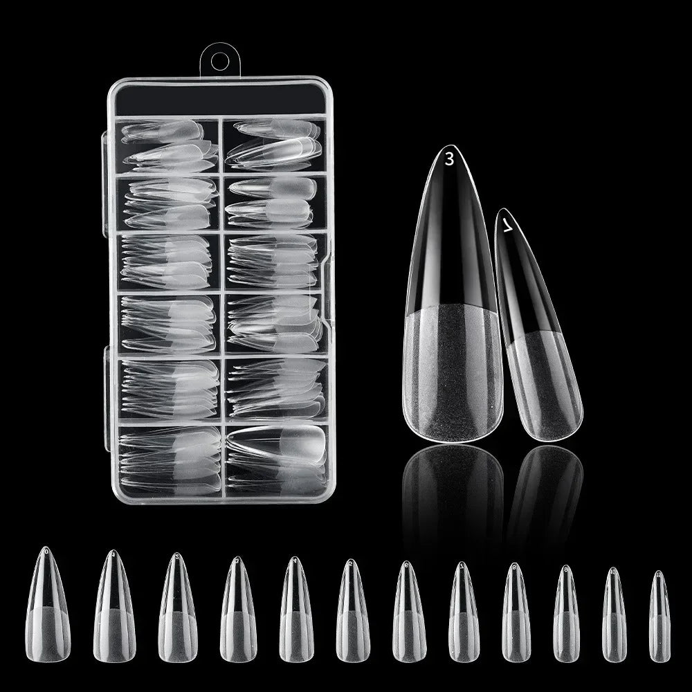120Pcs Clear No Mark Frosted Stiletto/Almond/Square Fake Nails American Capsule Gel X Coffin Fake Manicure Tip Extension System