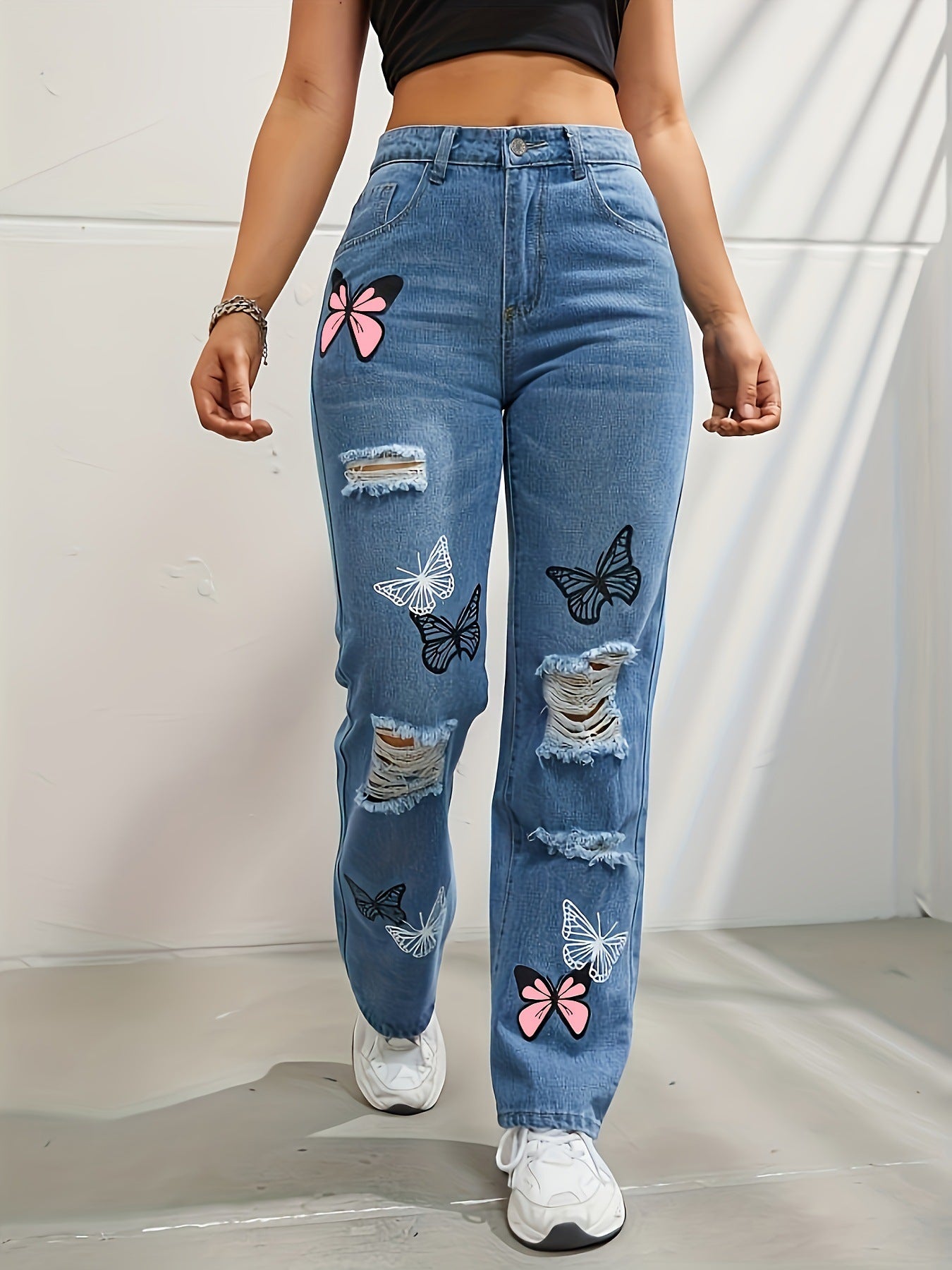 Butterfly Dream High-Waisted Distressed Jeans