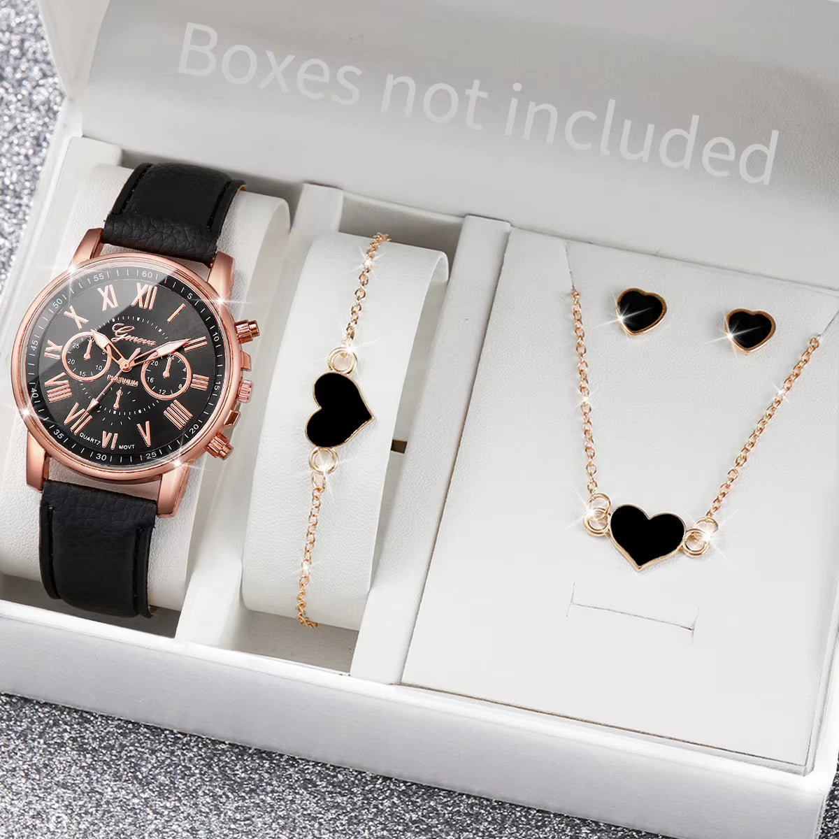Chic Heart Rhinestone Watch & Jewelry Set – 5/6 Piece