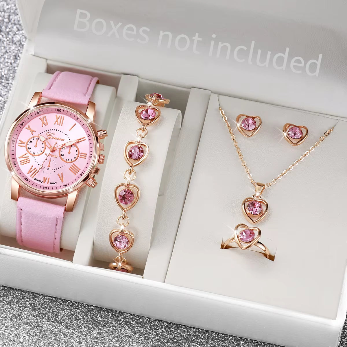 Chic Heart Rhinestone Watch & Jewelry Set – 5/6 Piece