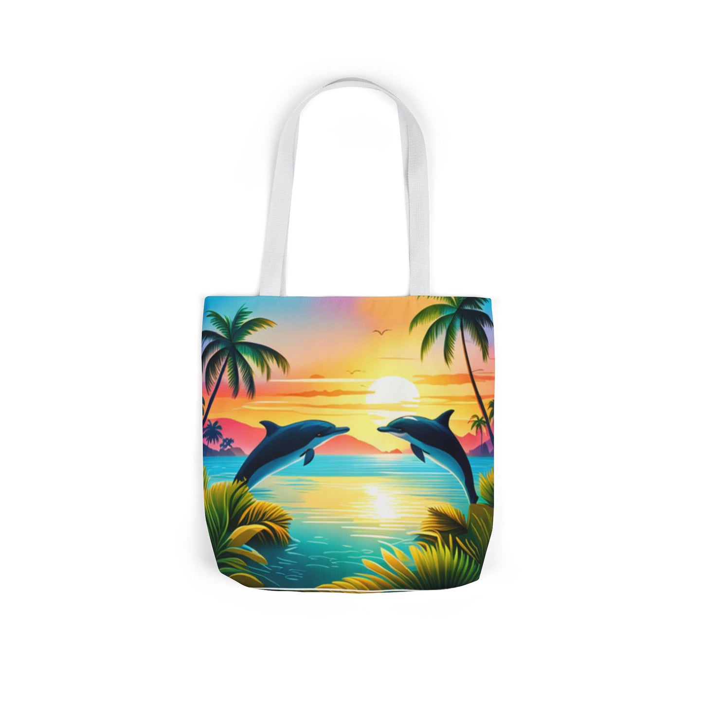 Canvas Tote Bag, 5-Color Straps (Dolphin/Palm Tree)