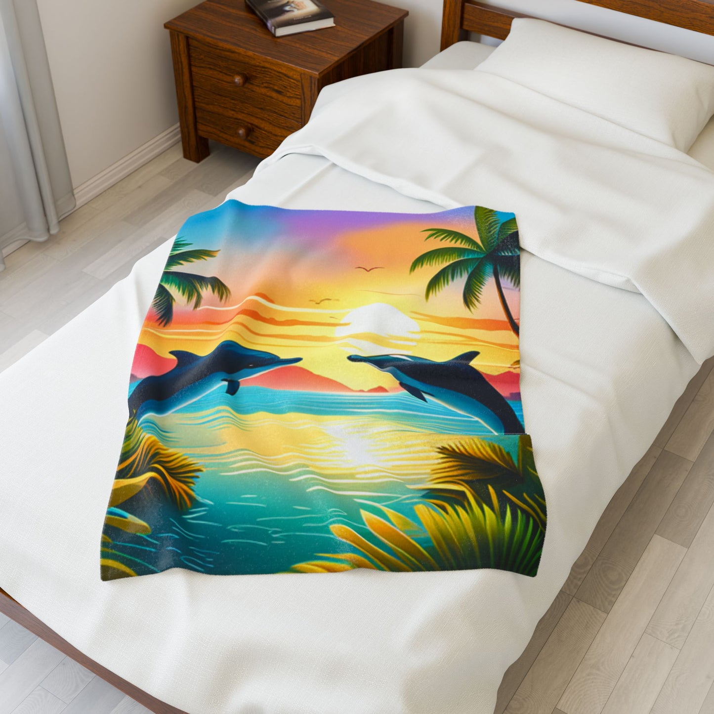 Velveteen Plush Blanket (Dolphin Palm Tree)