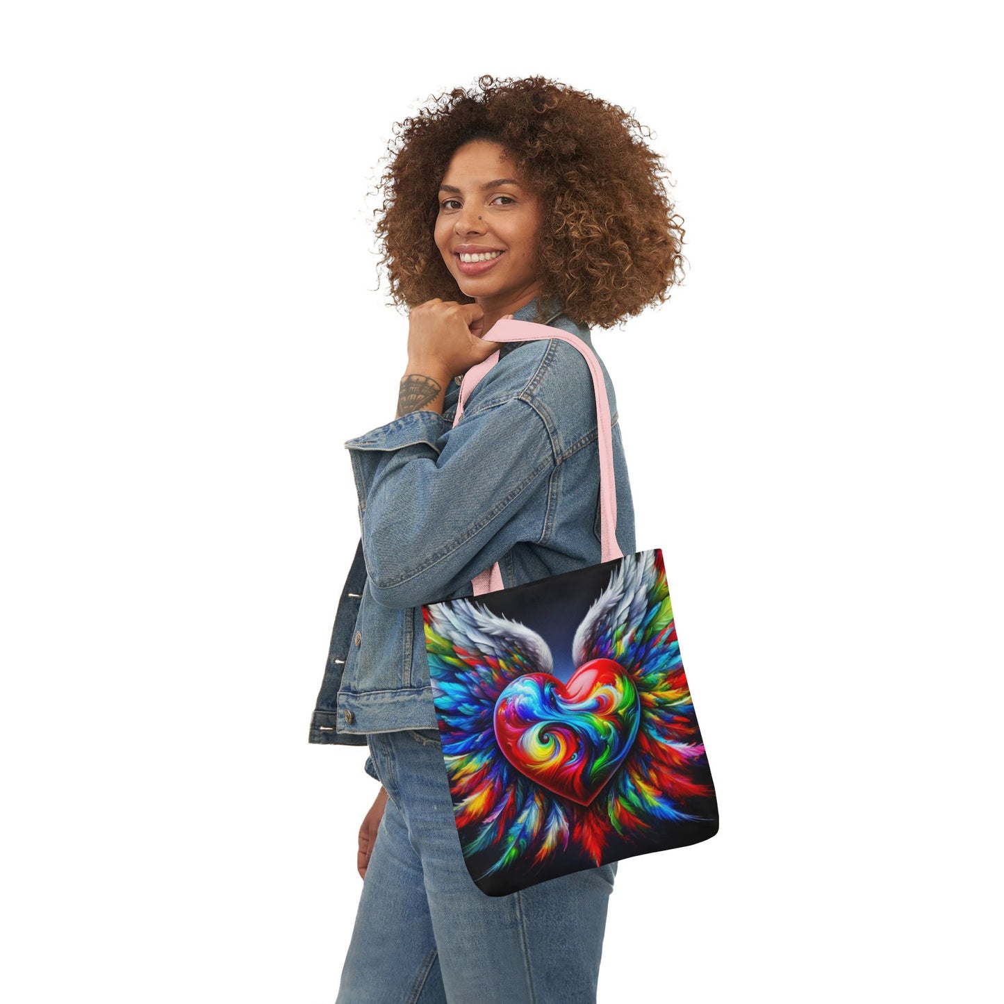 Colorful Heart Wings Canvas Tote Bag - Vibrant 5-Color Straps