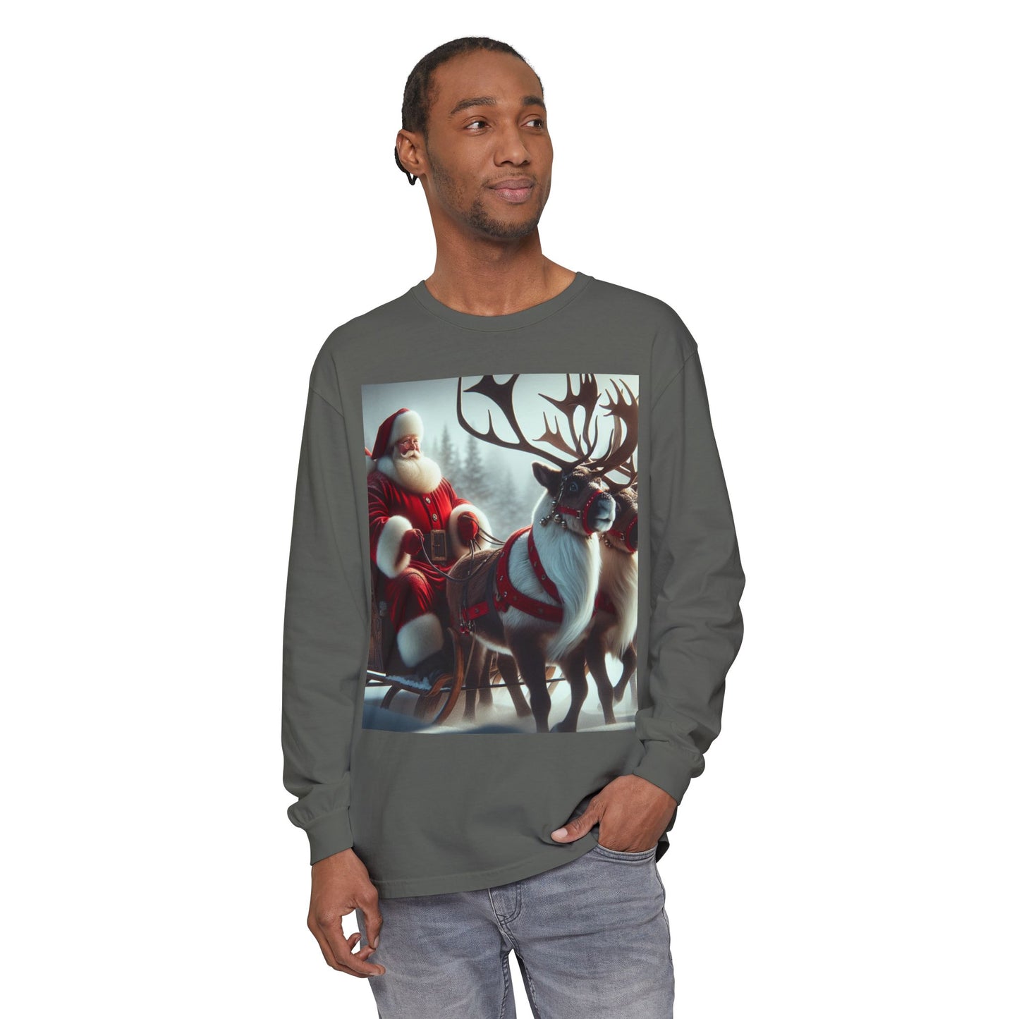 Unisex Garment-dyed Long Sleeve T-Shirt (Santa/Reindeer)