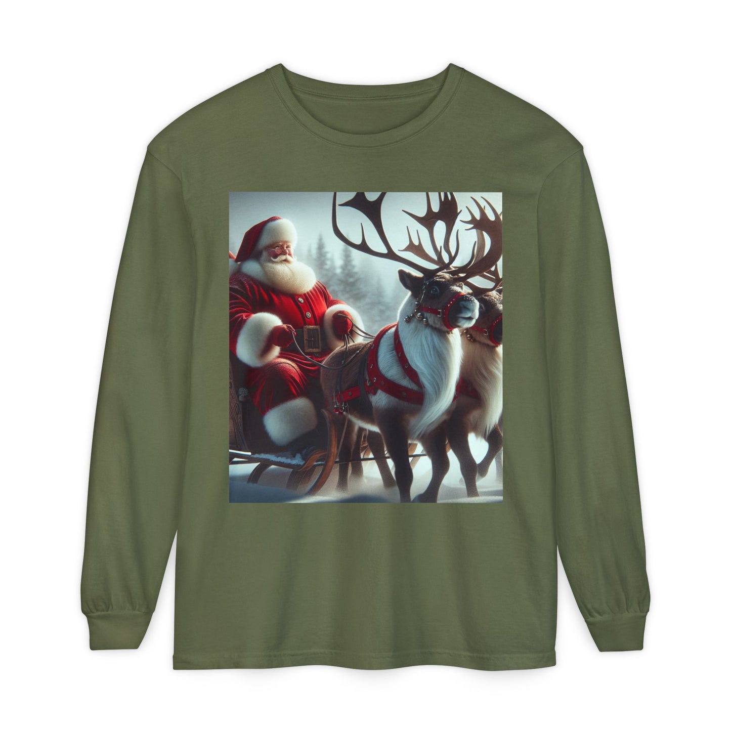 Unisex Garment-dyed Long Sleeve T-Shirt (Santa/Reindeer)