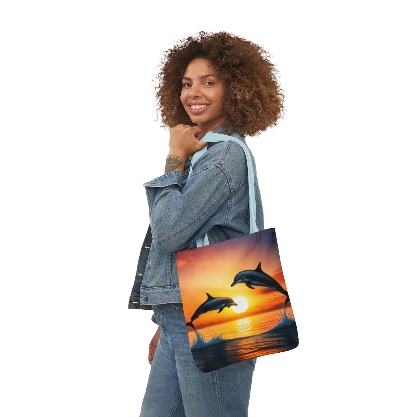 Canvas Tote Bag, 5-Color Straps (Dolphins sunset)