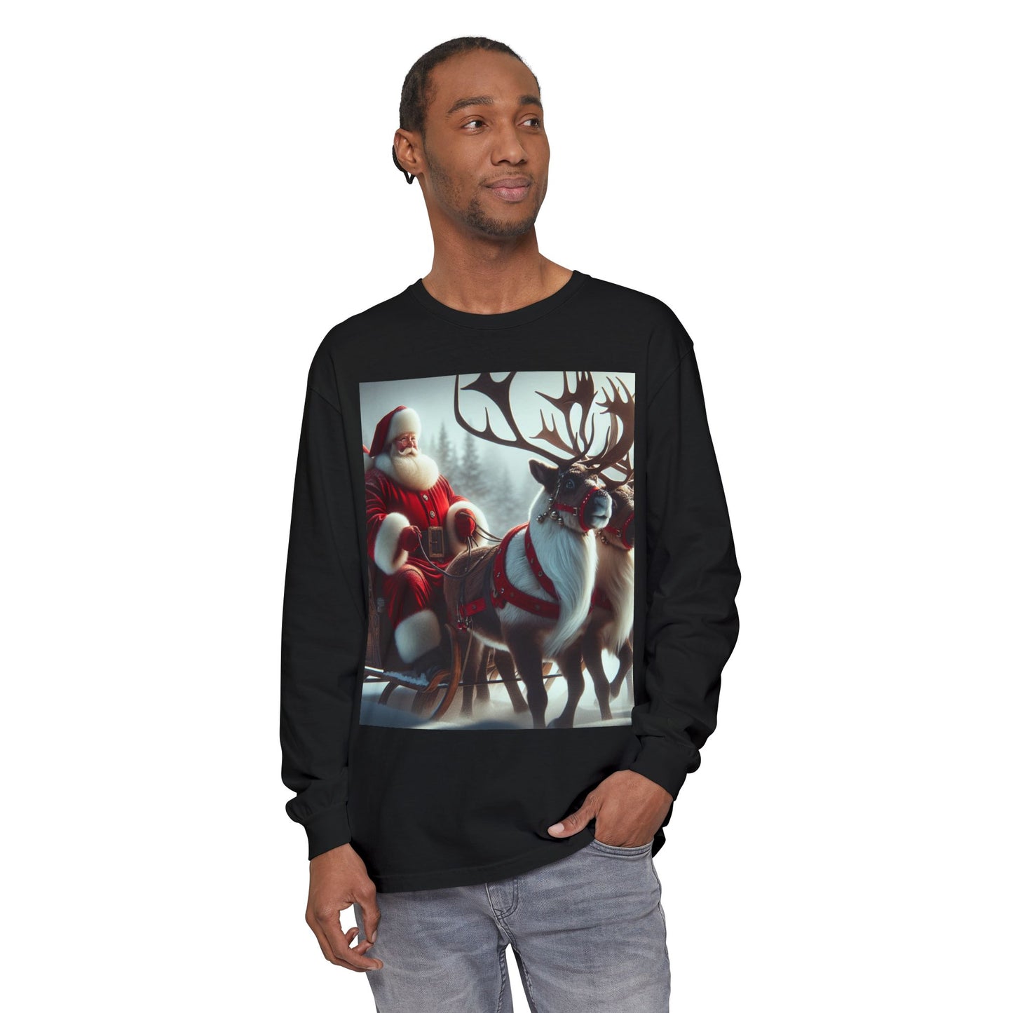 Unisex Garment-dyed Long Sleeve T-Shirt (Santa/Reindeer)