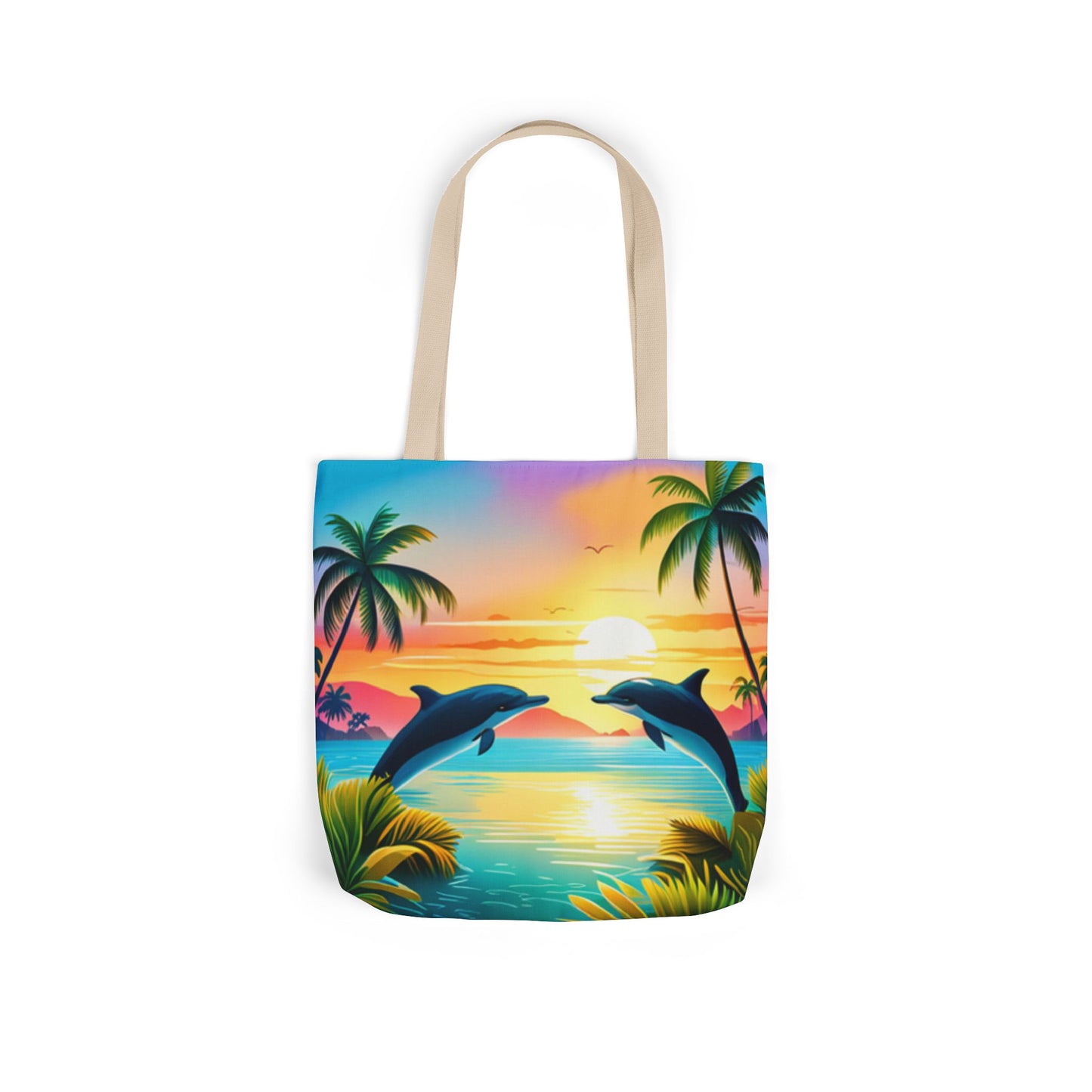 Canvas Tote Bag, 5-Color Straps (Dolphin/Palm Tree)