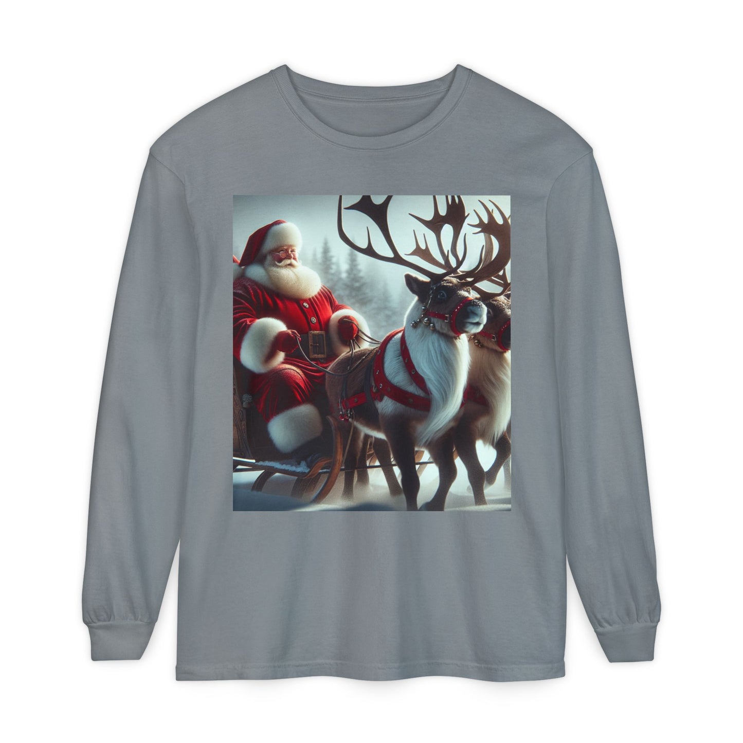 Unisex Garment-dyed Long Sleeve T-Shirt (Santa/Reindeer)