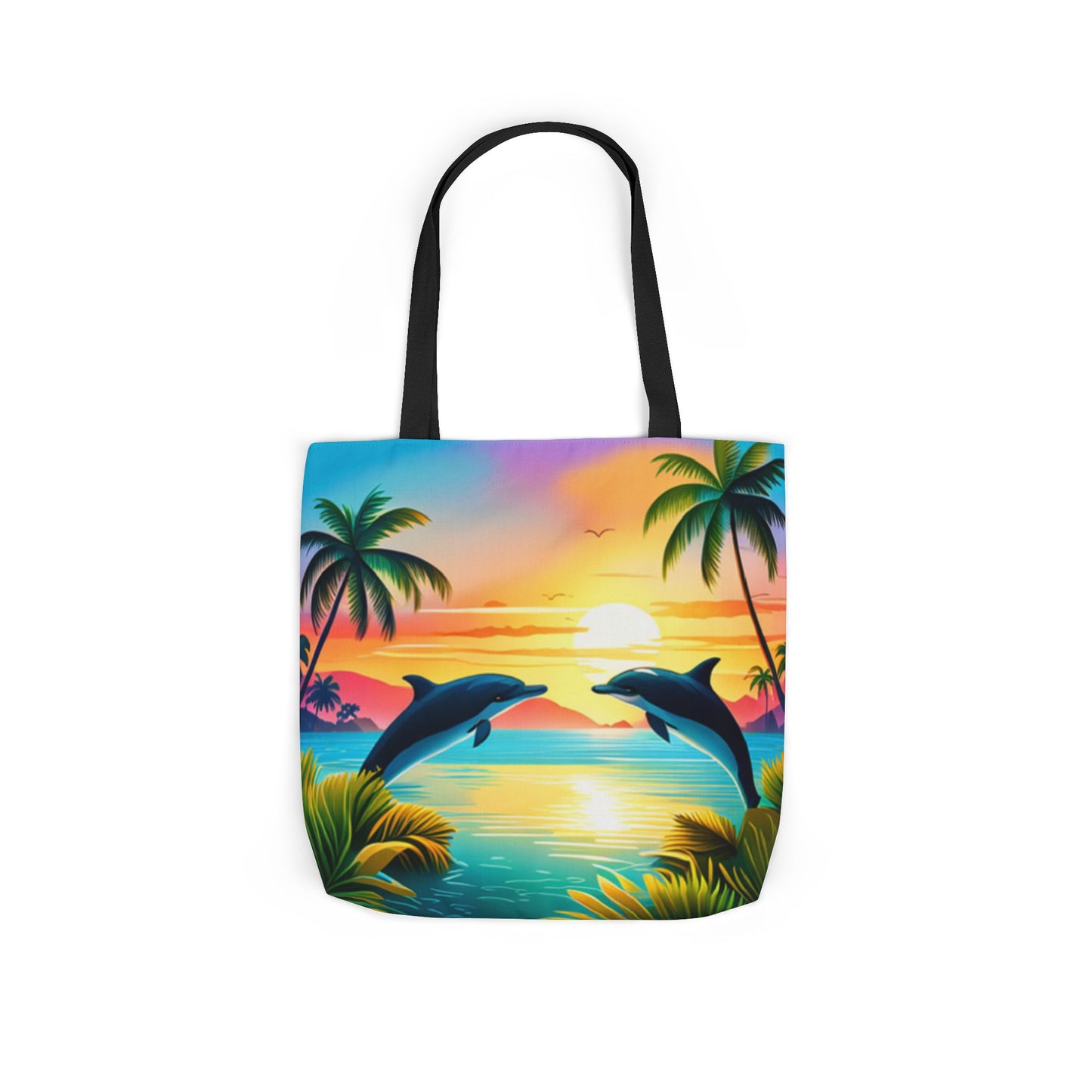 Canvas Tote Bag, 5-Color Straps (Dolphin/Palm Tree)