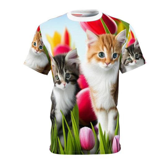 Unisex Cut & Sew Tee (AOP) (Kittens/Tulips)