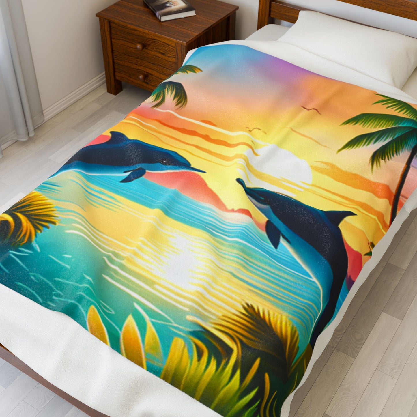 Velveteen Plush Blanket (Dolphin Palm Tree)