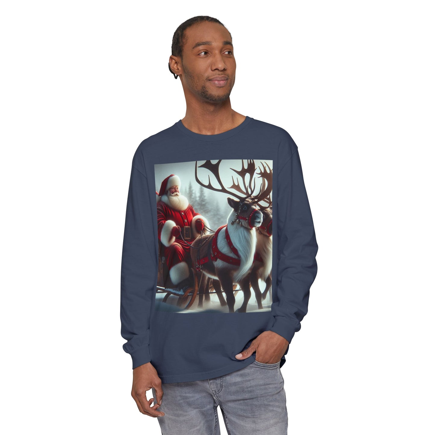 Unisex Garment-dyed Long Sleeve T-Shirt (Santa/Reindeer)