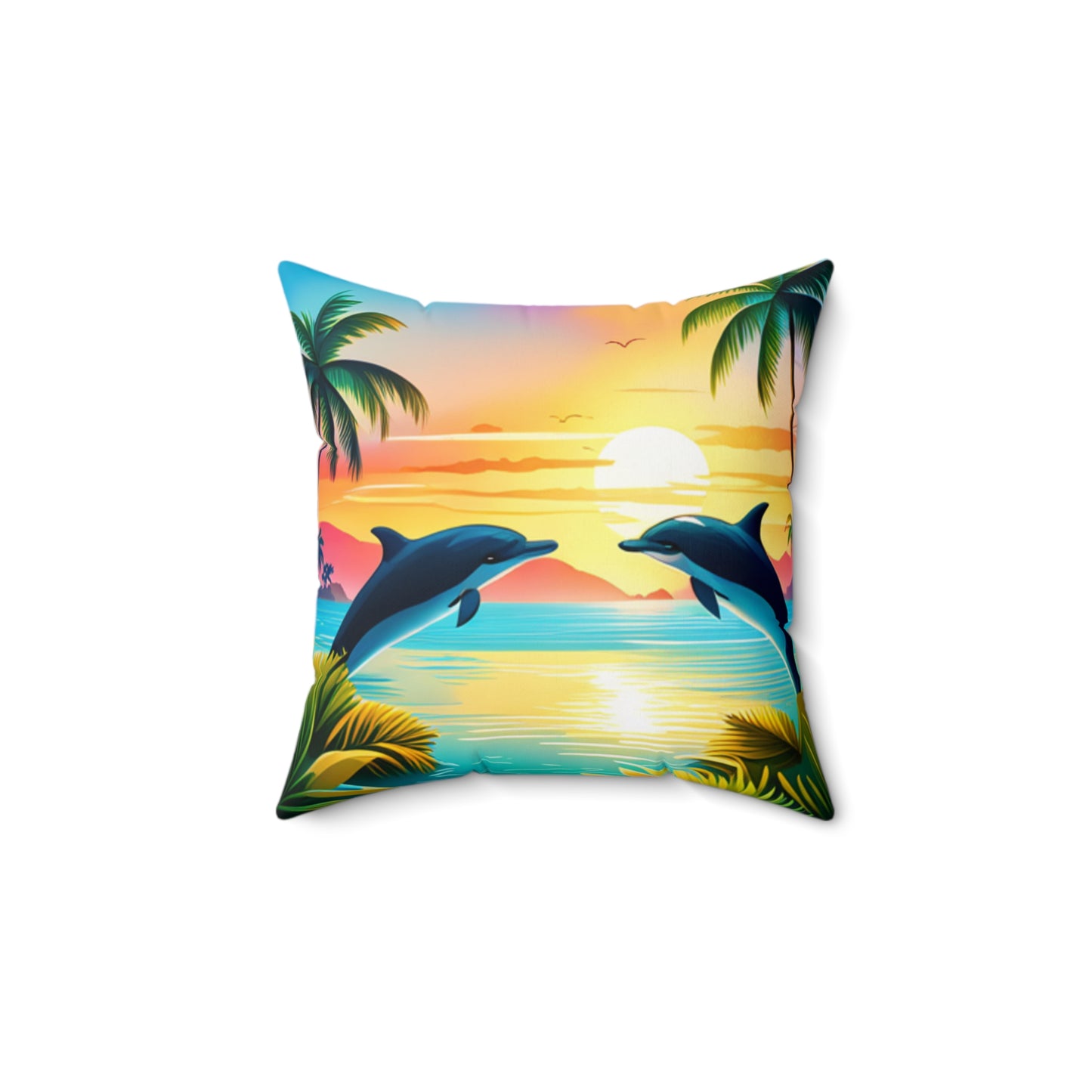 Spun Polyester Square Pillow (Dolphin Palm Tree)