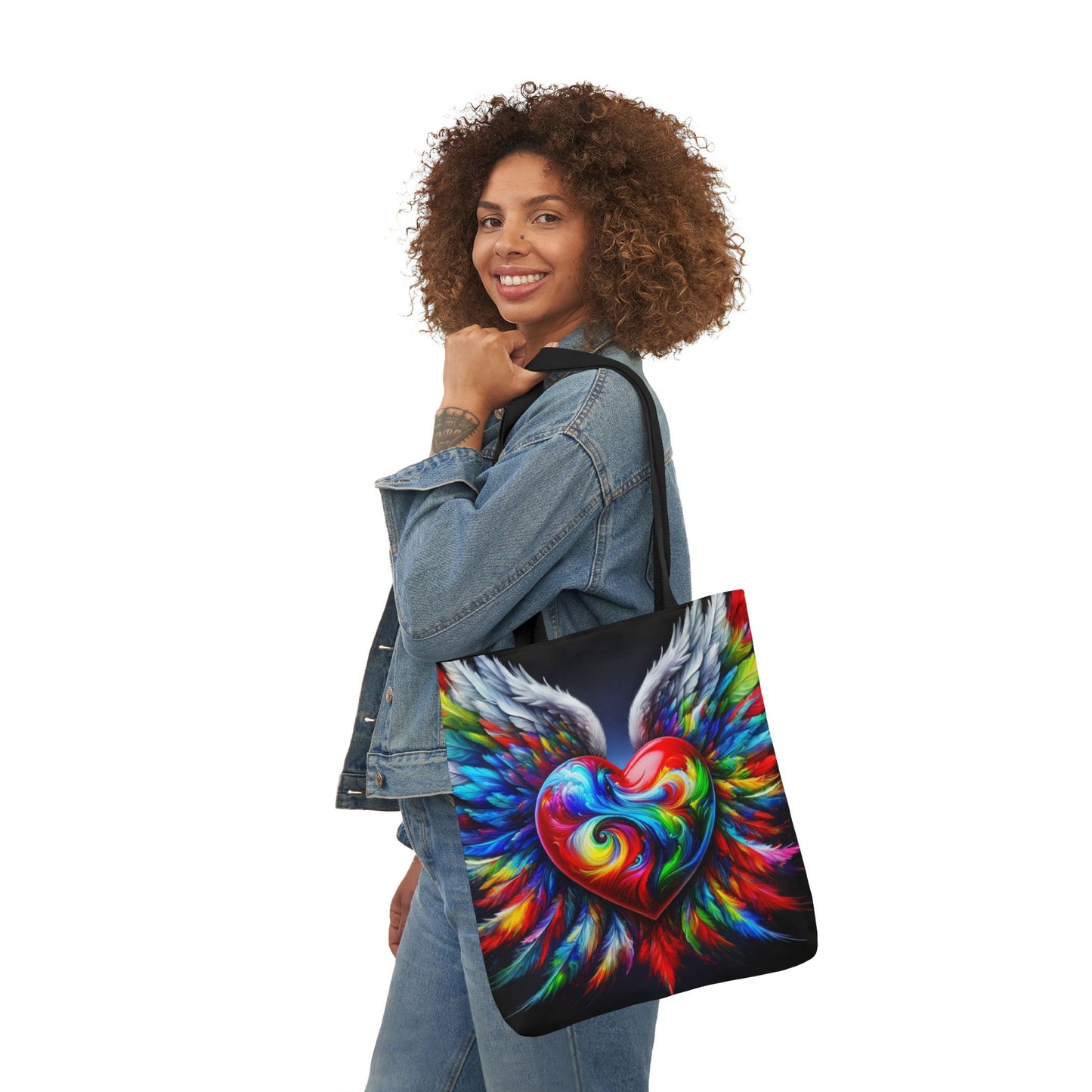 Colorful Heart Wings Canvas Tote Bag - Vibrant 5-Color Straps