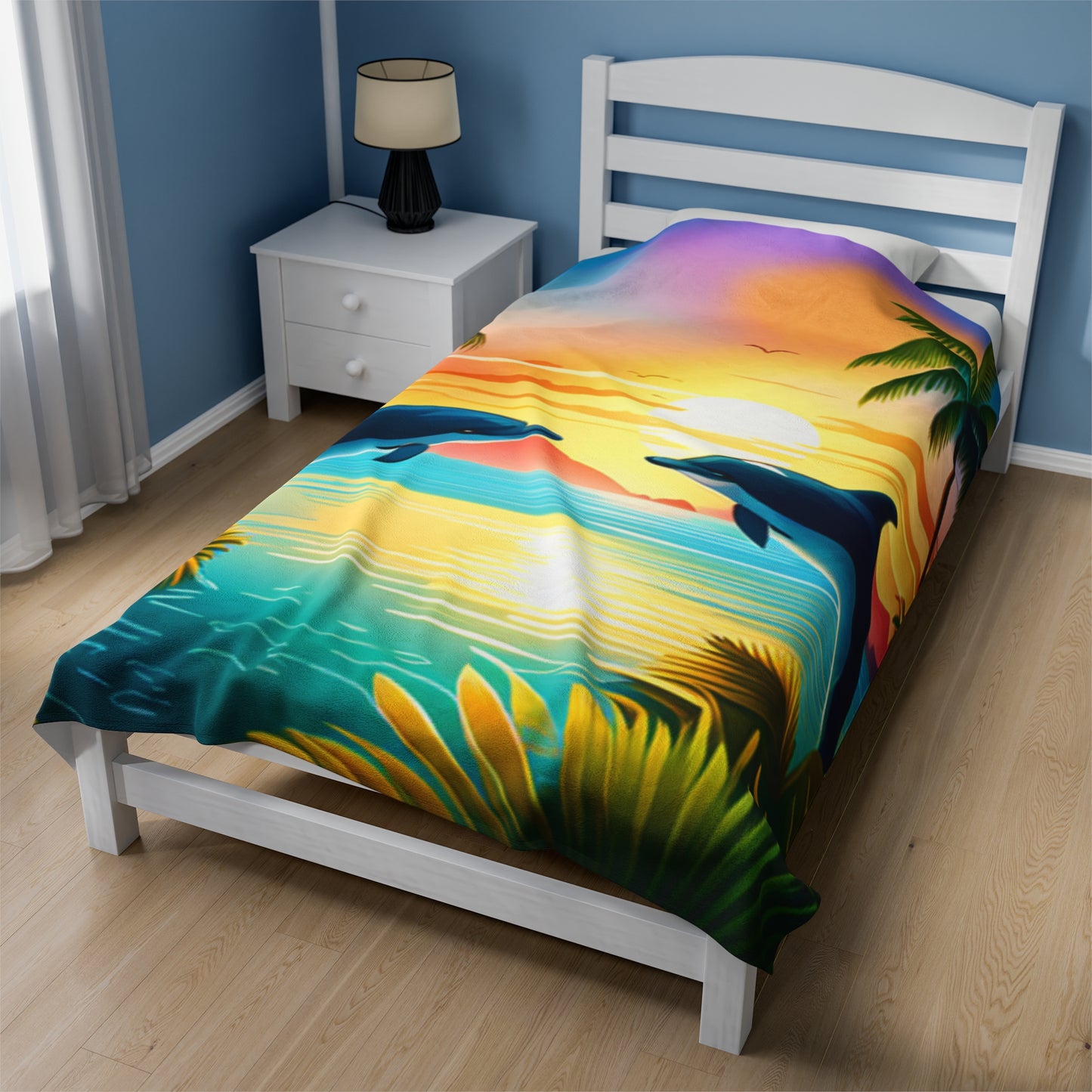 Velveteen Plush Blanket (Dolphin Palm Tree)