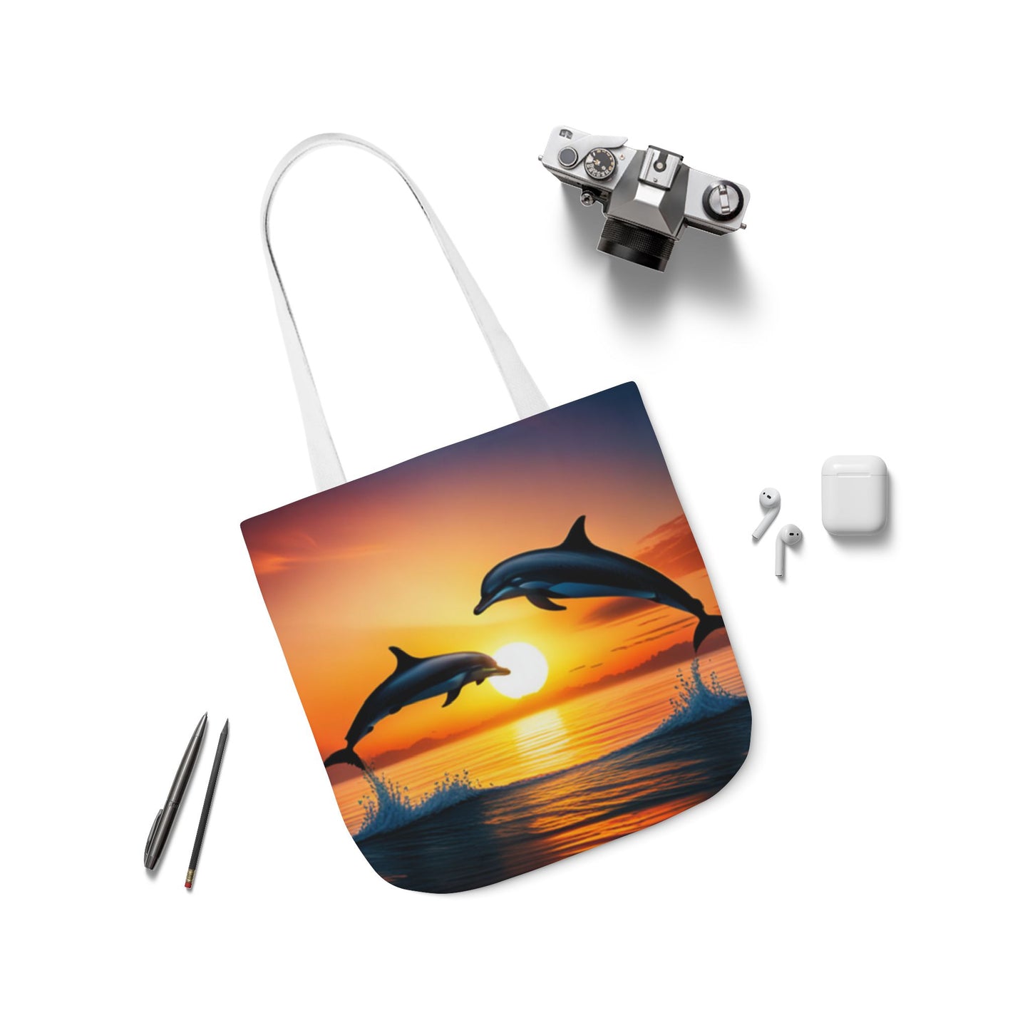 Canvas Tote Bag, 5-Color Straps (Dolphins sunset)
