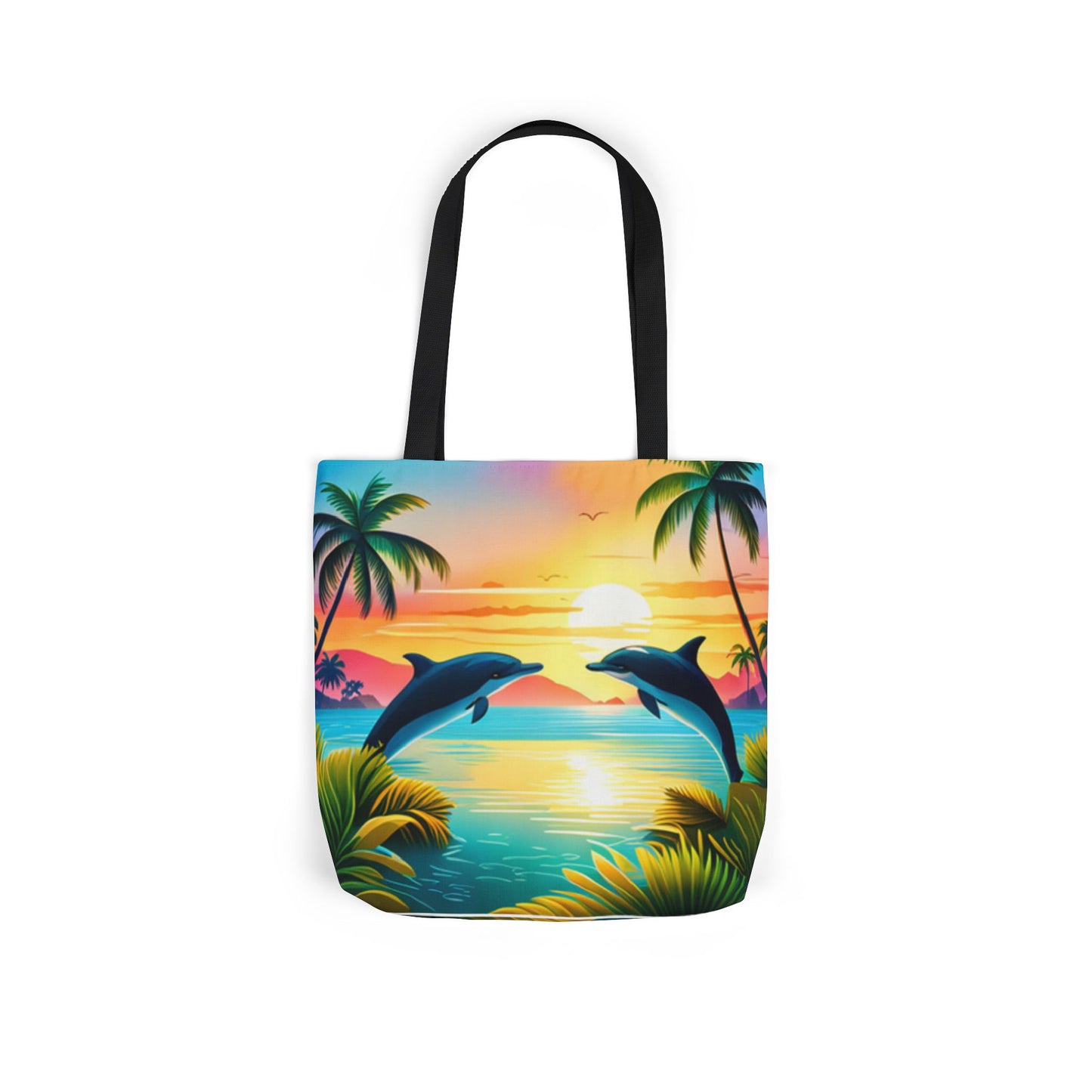 Canvas Tote Bag, 5-Color Straps (Dolphin/Palm Tree)