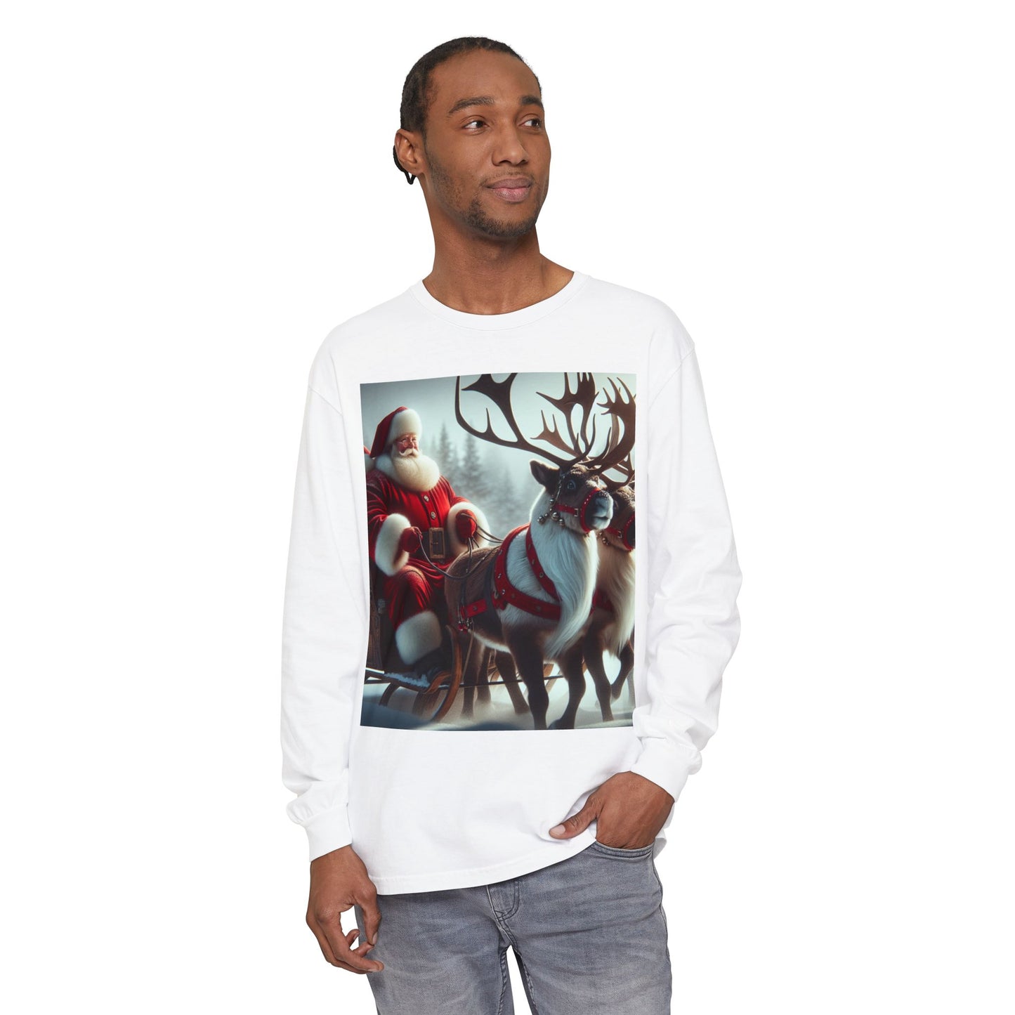 Unisex Garment-dyed Long Sleeve T-Shirt (Santa/Reindeer)