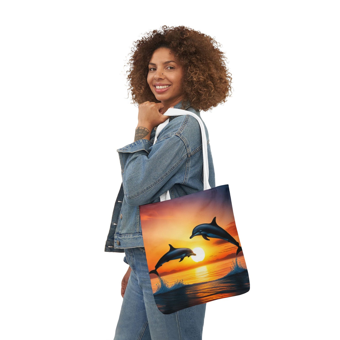 Canvas Tote Bag, 5-Color Straps (Dolphins sunset)