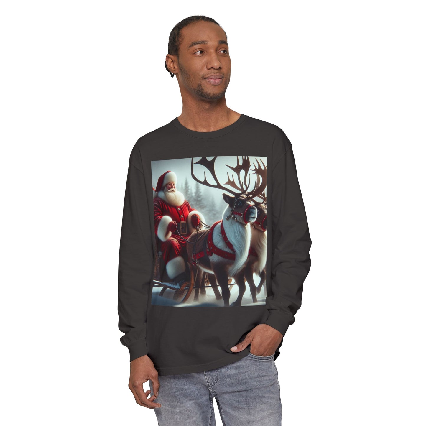 Unisex Garment-dyed Long Sleeve T-Shirt (Santa/Reindeer)