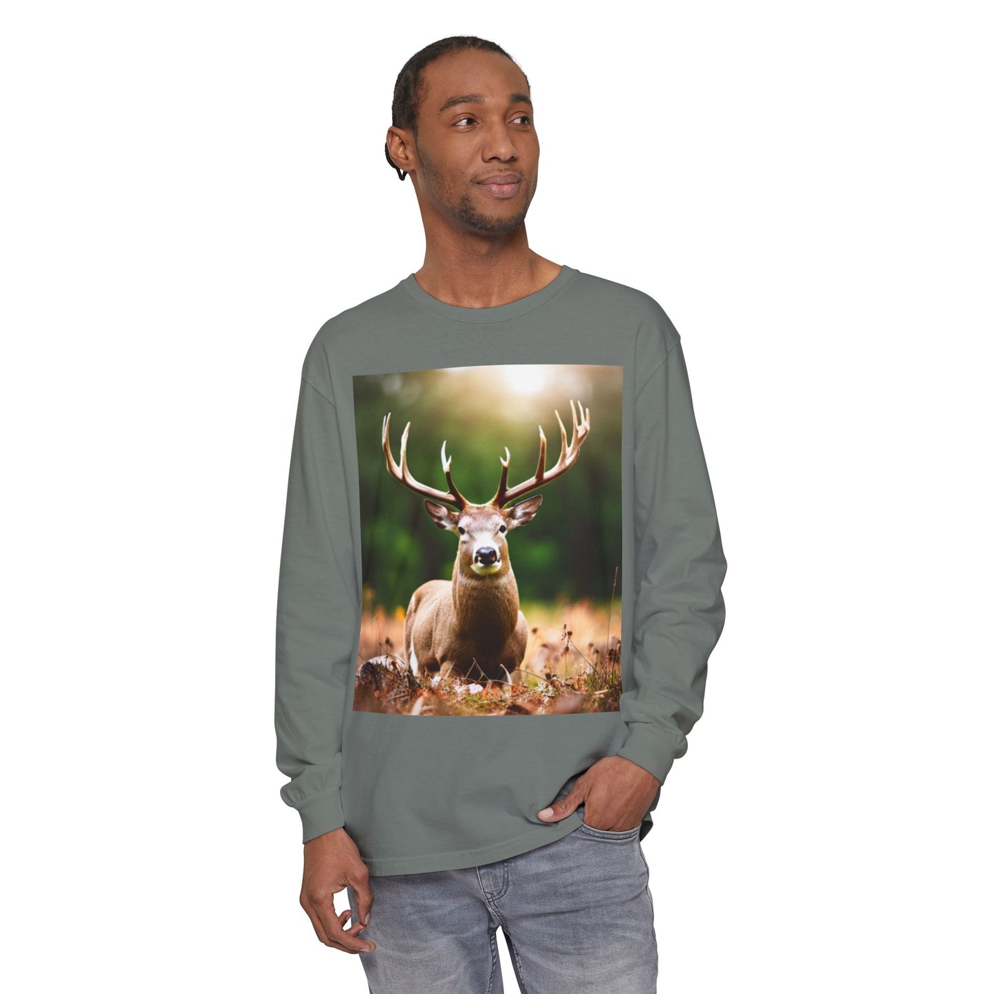 Unisex Garment-dyed Long Sleeve T-Shirt (Deer)