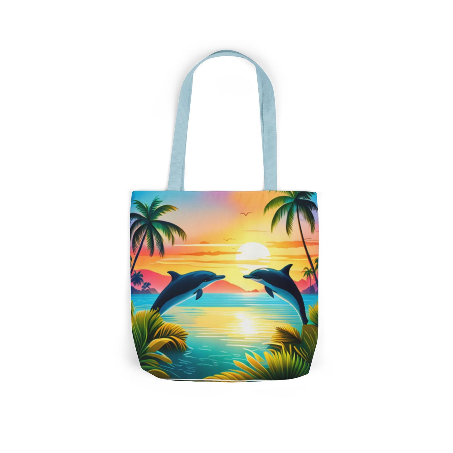 Canvas Tote Bag, 5-Color Straps (Dolphin/Palm Tree)