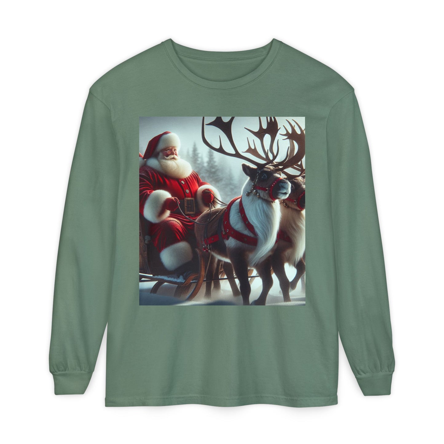 Unisex Garment-dyed Long Sleeve T-Shirt (Santa/Reindeer)