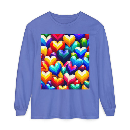 Unisex Garment-dyed Long Sleeve T-Shirt (Colorful Hearts)